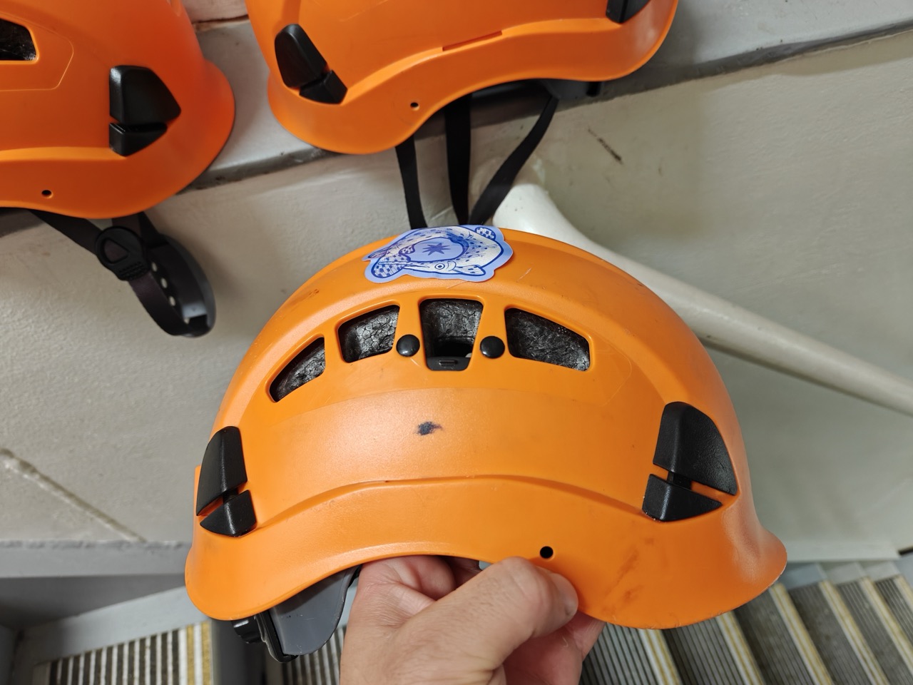 fish sticker on orange sea helmet