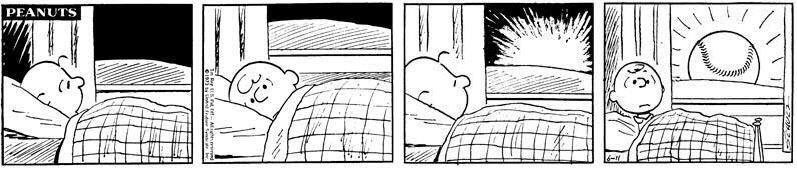 Charlie Brown waking up on opening day; the sun is replaced with a baseball